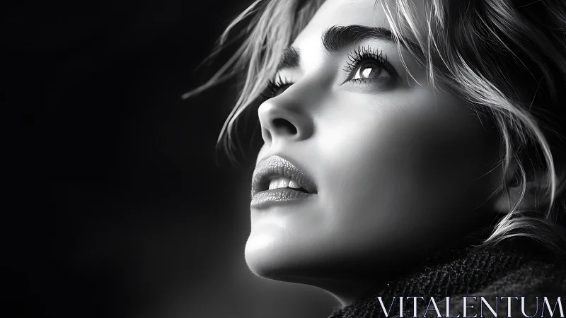 Close-up monochrome portrait shows woman looking upward