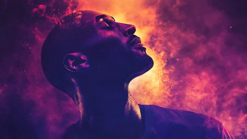 Luminous portrait silhouette bathed in neon cosmic haze.