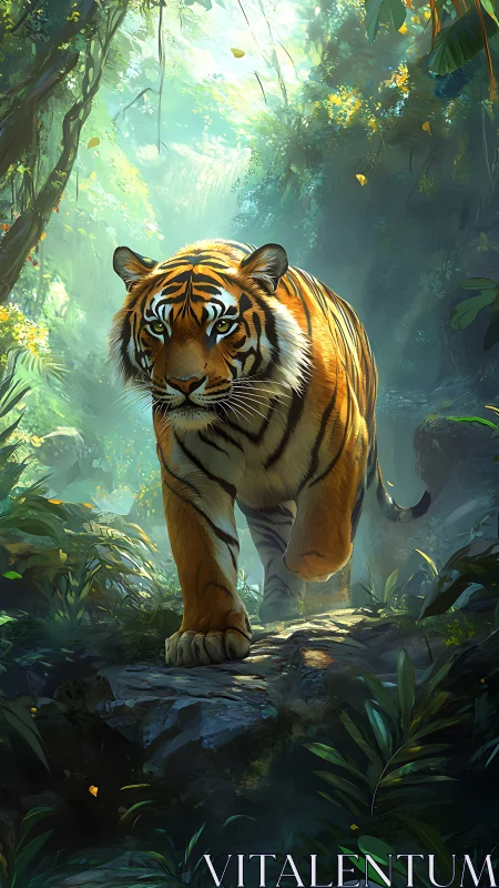 Golden tiger strides calmly through a sunlit jungle path
