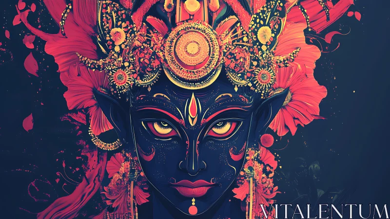 Divine neon goddess portrait in ornate floral headdress.