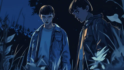 Two boys stand in dark blue night foliage, gazing downward
