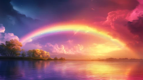 Aurora rainbow drapes a dreamlit lake in molten dusk glow.