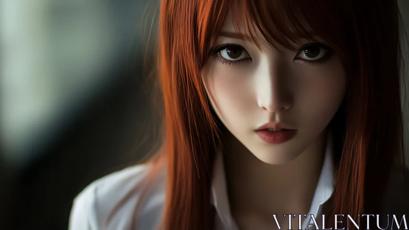 Copper-haired gaze sharpens quiet hallway light into drama