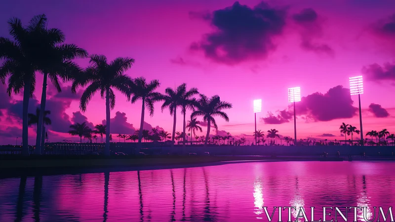Stadium floodlights and palm trees reflect in magenta water
