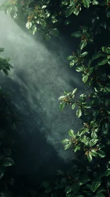 Verdant foliage framing textured emerald concrete wall.