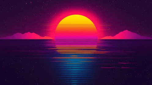 Neon gradient sun over calm sea with distant silhouettes.
