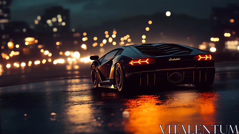 Midnight supercar poised on rain-soaked neon boulevard.