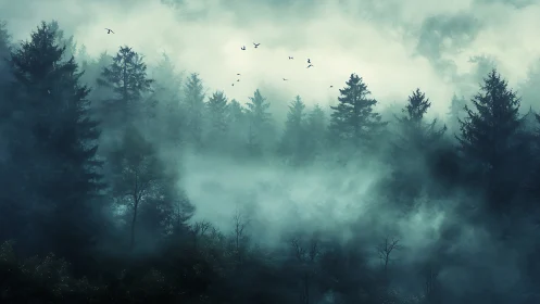 Soft mist drifting through a quiet evergreen forest at dawn.