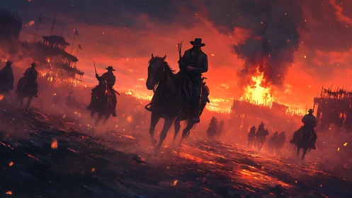 Armed riders crossing burning frontier town at dusk inferno