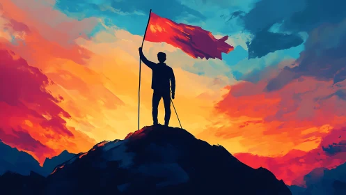 Silhouette with flag on mountain under vivid sunset sky.