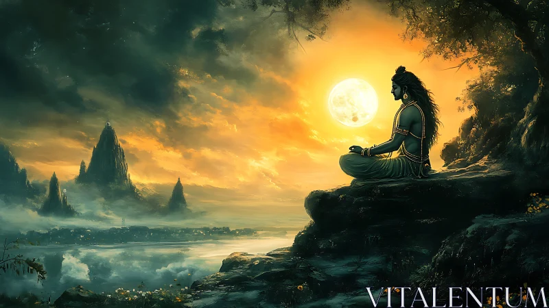 Digital painting of meditative deity under radiant full moon.