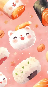 Kawaii feline sushi array in soft gradient chromatic field.