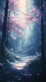 Luminous forest pathway with pink blossoms and volumetric light diffusion