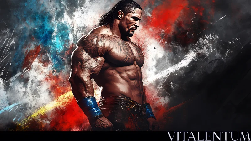 Muscular warrior in profile amid explosive abstract color field