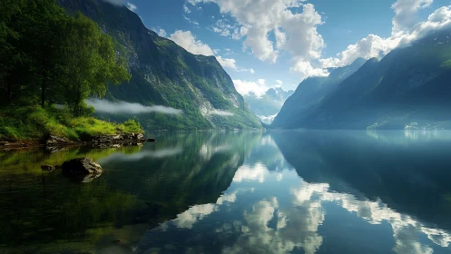 Mountain lake reflects steep green cliffs and cloud sky clearly