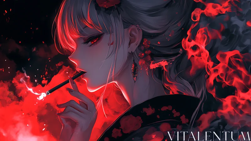 Crimson smoke crowns the midnight muse in burning petals