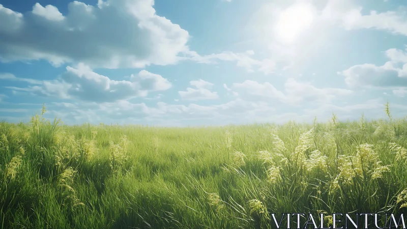 Sunny open grass field under blue sky with white clouds.