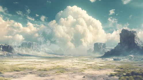 Volumetric cloudscape over eroded plateau under soft diffused light