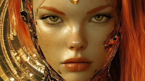 Cybernetic ember muse with gilded craniofacial interfaces.