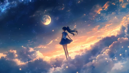 Dreaming schoolgirl floats in glowing clouds beneath the moon