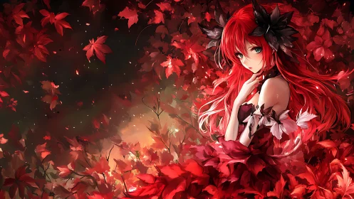 Red-haired anime figure stands amid dense red foliage