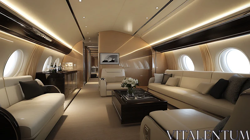 Private jet cabin interior with cream leather seating.