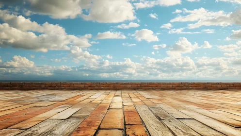 Open wooden terrace reaching into a calm, cloud bright sky.