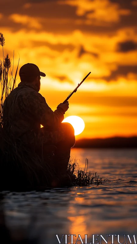 Sunset shoreline fishing with quiet golden reflections.