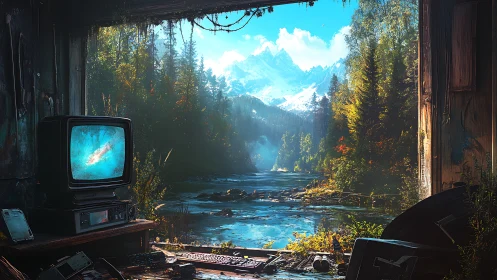 Retro CRT workstation overlooking glacial river valley landscape.