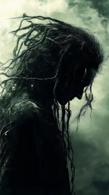 Shadowed figure bends quietly beneath a stormy green sky