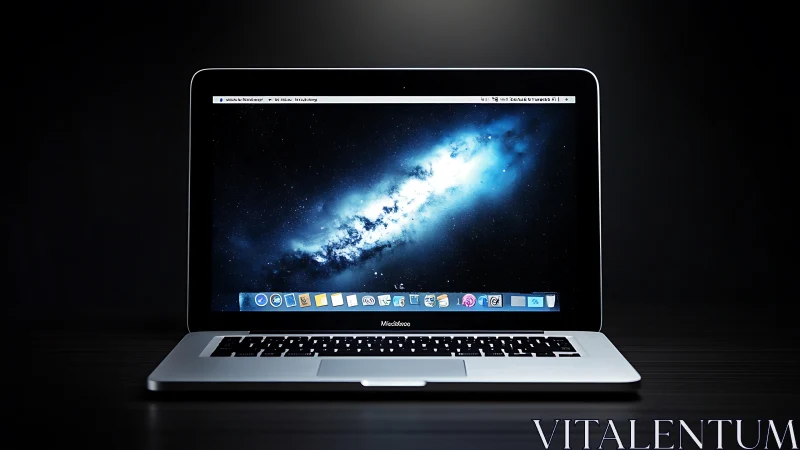Sleek laptop displaying cosmic desktop under studio lighting.