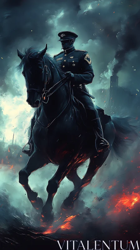 Storm-lit cavalry rider guides a dark horse through fire