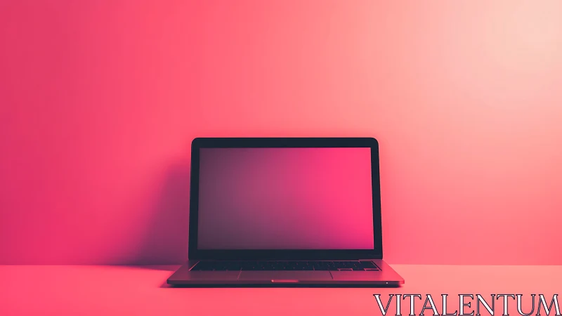 Laptop computer on monochrome pink background surface.