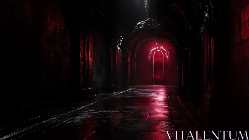 Dark wet corridor lit by intense red archway glow.