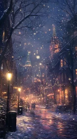 Snowlit festive street renders luminous urban winter evening