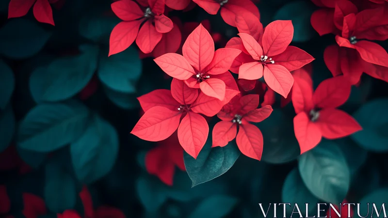 Red poinsettia bracts form dense cluster over dark foliage