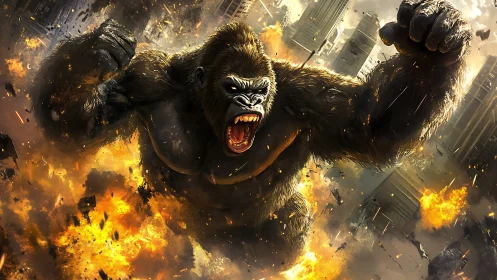 Giant enraged gorilla rampages through burning city skyline