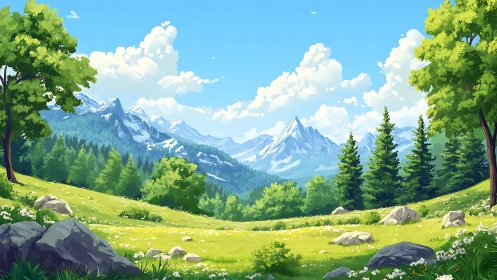 Sunlit alpine meadow opens toward distant snowy mountain peaks