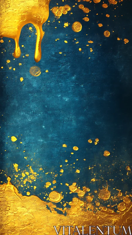 Gold liquid textures overlay deep blue painted background