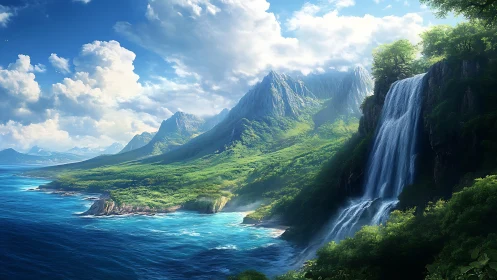 Sunlit tropical cliffs with a bright cascading waterfall.