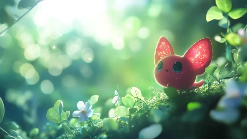 Red big-eared creature stands on moss in glowing forest