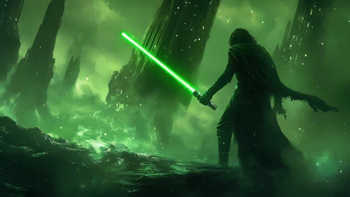 Cloaked warrior with green energy blade confronts jagged alien monoliths