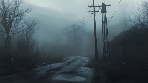 Desolate foggy road with leaning poles and ruined houses.