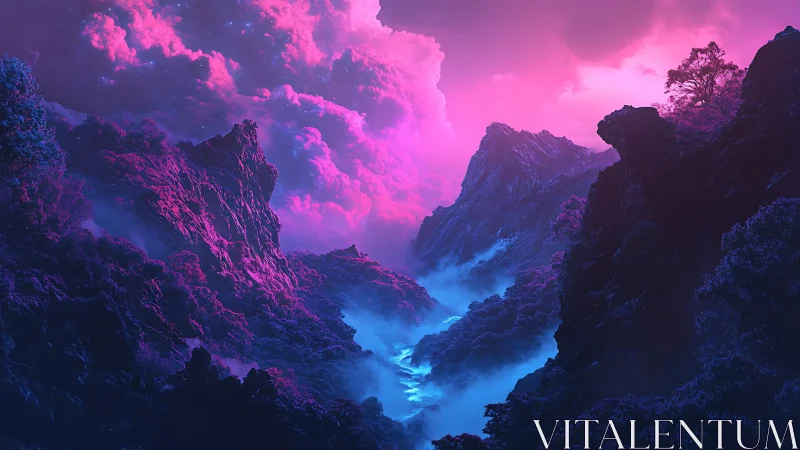 Dreamlit valley glows beneath vibrant neon twilight sky