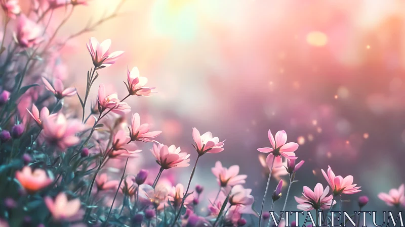 Pink cosmos flowers in soft focus garden setting.