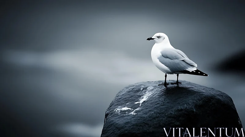 Solitary Gull Perches on Dark Rock Against Moody Sky