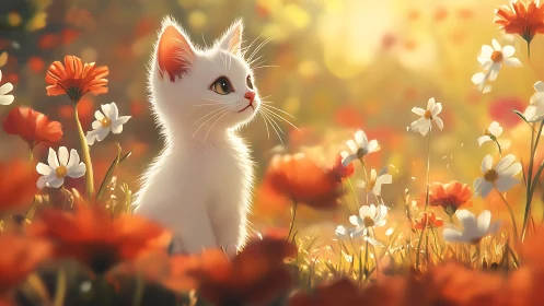 Luminous Kitten Amidst Wildflower Dreams.