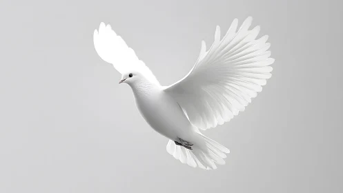 Elegant white dove in flight on light background, minimalist style.