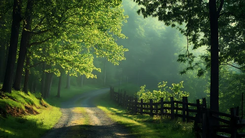 Sunlit forest pathway with wooden fence and morning mist