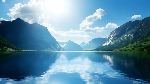 Sunlit alpine fjord with mirrored blue mountains and sky.